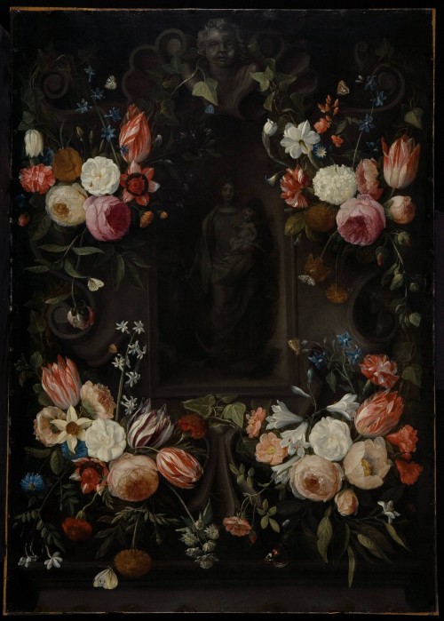 Flowers Decorating a Stone Relief of the Virgin and Child