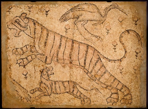 Fragment of a Floor Mosaic: Hunting Tigress with Cub and Ibis in a Field of Flowers